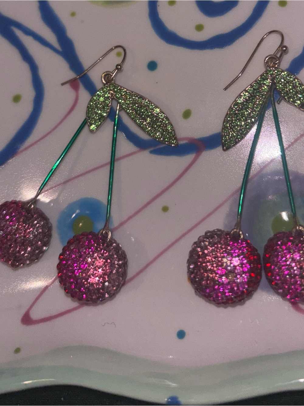 Green and Pink Glitter Cherry Drop Earrings